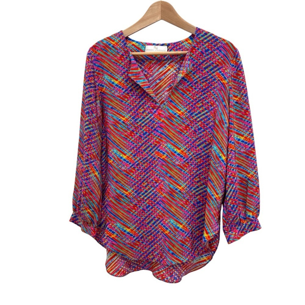 Amanda Uprichard Silk Blouse Multi-Color Abstract Geometric Print V-Neck Tunic M